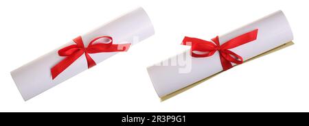 Diploma with red ribbon isolated on white background. Top view. Flat lay Stockfoto