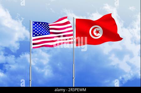 Amerika und Tunesien winken zusammen gegen den blauen Himmel Stockfoto