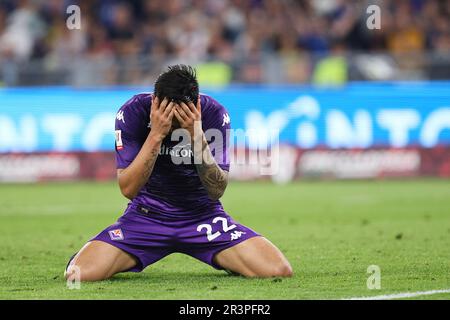 Rom, Italie. 24. Mai 2023. Nicolas Gonzalez aus Fiorentina reagiert während des italienischen Pokals, Coppa Italia, Endspiel zwischen ACF Fiorentina und FC Internazionale am 24. Mai 2023 im Stadio Olimpico in Rom, Italien - Photo Federico Proietti/DPPI Credit: DPPI Media/Alamy Live News Stockfoto