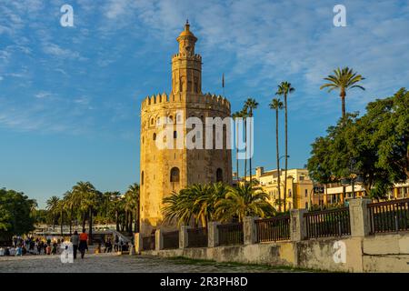 SEVILLA, SPANIEN - 1. JANUAR 2023: Goldturm bei Sonnenuntergang (Torre del Oro) in Sevilla, Spanien am 1. Januar 2023 Stockfoto