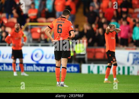 24. Mai 2023; Tannadice Park, Dundee, Schottland: Scottish Premiership Football, Dundee United gegen Kilmarnock; Ross Graham von Dundee United zeigt Niedergeschlagenheit in Vollzeit Stockfoto