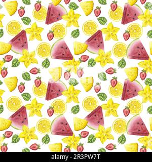 Nahtloses, endloses Muster. Wassermelone Ananas Karambola Erdbeere Minze Zitrone. Handgezeichnete Aquarelldarstellung isoliert auf weißem Hintergrund. Für t Stockfoto