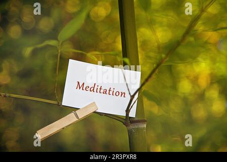 MEMO-Blatt bei einem Bambus-Schriftzug Meditation Stockfoto