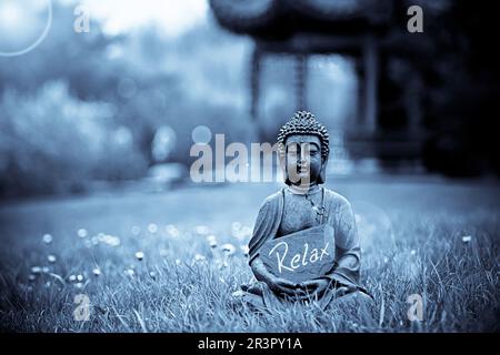 Buddha-Statue auf einer Wiese mit einem Schild Relax Stockfoto