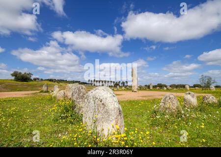 Conjunto de menhires, Crómlech de Levante, Monsaraz, Alentejo, Portugal. Stockfoto