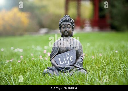 Buddha-Statue auf einer Wiese mit einem Schild mit der Aufschrift Life Stockfoto