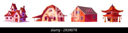 Eine Reihe von alten europäischen und asiatischen Gebäuden, isoliert auf weißem Hintergrund. Vektor-Cartoon-Darstellung der Retro-Architektur, Haus mit Schuppen, Scheune, ländliches Cottage, chinesisches Geschäft mit traditionellem Dach Stock Vektor