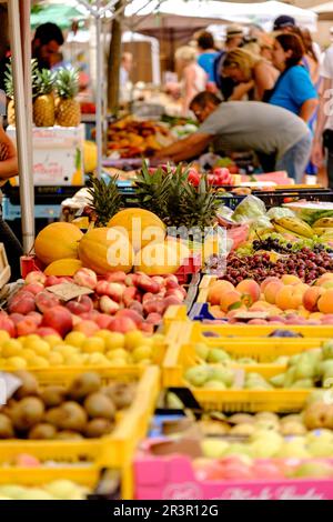 Fruteria, Mercado comarcal, Santanyi, Mallorca, Balearen, Spanien, Europa. Stockfoto