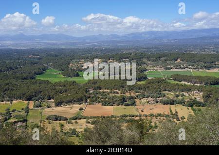 Blick von Sierra de Galdent, Llucmajor, Mallorca, Balearen, Spanien. Stockfoto