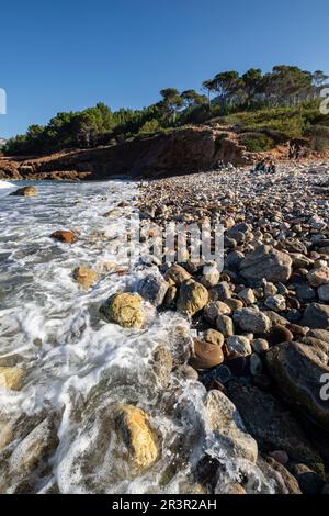 playa de Son Bunyola, senderismo en Volta des General, Paraje Natural de la Sierra de la Tramuntana, Banyalbufar, Mallorca, Balearen, Spanien. Stockfoto