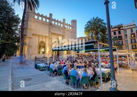 La Llotja, Frente Terrazas de Restaurante La Lonja, edificio Del Siglo XV, PalmaMallorca, Balearen, Spanien. Stockfoto