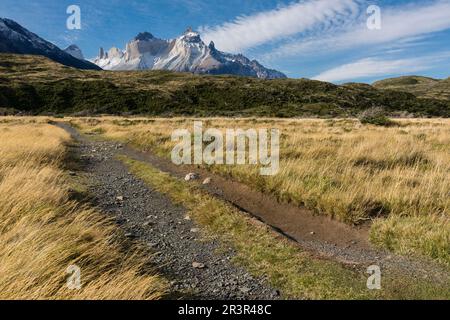 cuernos del Paine, 2600 Metrostationen, Trekking W, Parque nacional Torres del Paine, Sistema Nacional de Áreas Silvestres Protegidas del Estado de Chile. Patagonia, República de Chile, América del Sur. Stockfoto