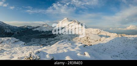 Den Berg Macizo del Puig Major 1436 Metros, Escorca, Sierra de Tramuntana, Mallorca, Balearen, Spanien, Europa. Stockfoto