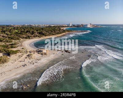 Es Peregons Petits Beach, Punta de Sa Llova, Parque Natural Marinoterrestre Es Trenc-Salobrar de Campos, Colonia de Sant Jordi, Ses Salines, Mallorca, Balearen, Spanien. Stockfoto