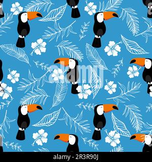 Nahtloses Sommermuster mit Dschungelvogel, Blume, Blättern. Tropische Tukan-Textur. Stock Vektor
