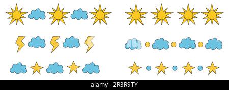 Doodle-Teiler-Wetter. Vektorornamente und Girlanden mit dekorativen Elementen. Trennwände mit Sonne, Wolken, Sternen, Blitzen, Punkten Stock Vektor