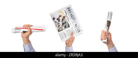 Männliche Hände mit Zeitungen auf weißem Hintergrund Stockfoto