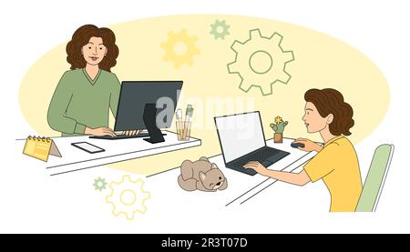 Geschäftsfrau im Hybrid-Job sitzt am Tisch zwischen Büro und Heim gemütliche Umgebung, Vektorgrafik im flachen Cartoon-Stil Stock Vektor