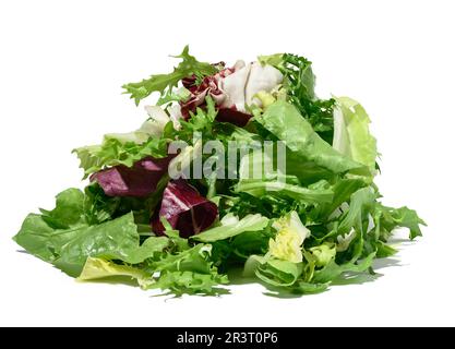 Mischung aus Salatblättern escariole, Frisee, Radicchio, Rucola auf einem weißen isolierten Hintergrund, diätetische gesunde Lebensmittel. Stockfoto