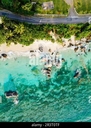 Draufsicht von oben an einem tropischen Strand auf den Seychellen Mahe Stockfoto