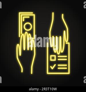 Hände tauschen Geld und Stimmpapier Neon-Symbol. Wählen Sie das Kaufsymbol. Vektordarstellung. Stock Vektor