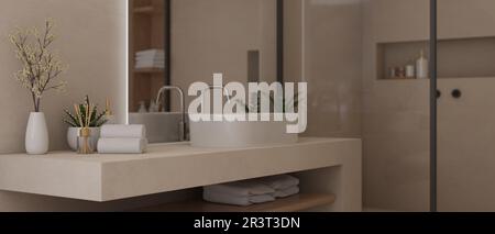 Seitenblick auf ein luxuriöses wunderschönes Badezimmer mit Kosmetikbereich mit Keramikwaschbecken, Toilettenartikeln, Blumenvase und großem Spiegel. 3D-Rendering, 3D-Abbildung Stockfoto