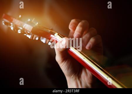 Die Hand eines Mannes auf dem Frittbrett einer Gitarre läuft mit den Fingern durch die Saiten und klemmt die Akkorde. Instrumentalmusik, Gitarre Stockfoto