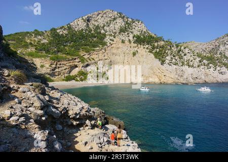 Playa de Es Coll Baix, ein Los pies del Puig de Sa Talaia, Alcudia, Islas Baleares, Spanien. Stockfoto