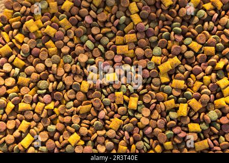Trockenfutter für Katzen und Hunde aus nächster Nähe - ein Hintergrund aus runden Pellets und Kissen mit einer weichen Füllung. Gesundes Tierfutter, verstanden Stockfoto