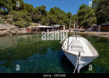 Restaurante El bigotes, Cala Mastella, Sant Carles, Municipio Santa Eulària des Riu, Ibiza, Balearen, Spanien. Stockfoto