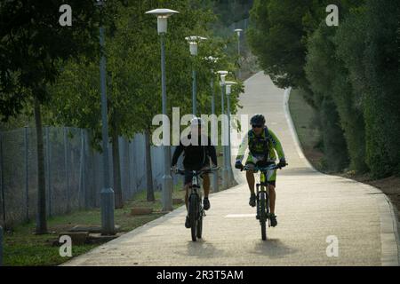 Radfahrer auf der Promenade in Santa Ponsa, Calvia, Mallorca, Balearen, Spanien. Stockfoto