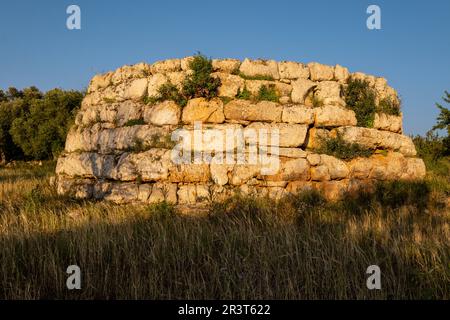 SA Clova des Xot talayot, Circular talayot, rund 1000 und 800 v. Chr., Standort Sa Canova, Arta, Mallorca, Balearen, Spanien. Stockfoto