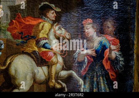 Ramón Llull joven Montado a Caballo, en la iglesia de Santa Eulàlia persiguiendo ein una Dama. retablo Barroco dedicado a Ramon Llull, Iglesia de San Miguel, Mallorca, Balearen, Spanien. Stockfoto