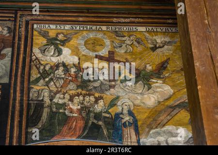 Wandgemälde, historische 16.-17. Jahrhunderte, Kirche des Erzengels Michael, 15.-16. Jahrhundert, Binarowa, Malopolska, Karpaten, Polen. Stockfoto