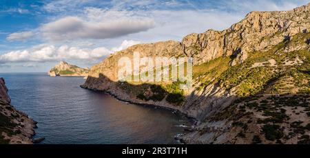 Insel Es Colomer aus Cala Boquer, Pollença, Mallorca, Spanien. Stockfoto