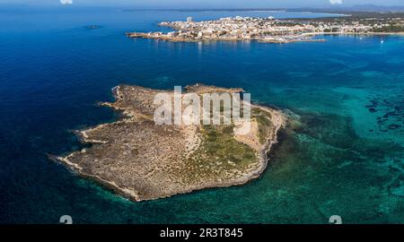 Na Guardis Insel, Fenicial Siedlung, 4. Jahrhundert vor Christus, Ses Salines, Mallorca, Balearen, Spanien. Stockfoto