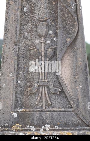 mohnblumen-Relief, Manacor, Gemeindefriedhof, Mallorca, Balearen, Spanien. Stockfoto