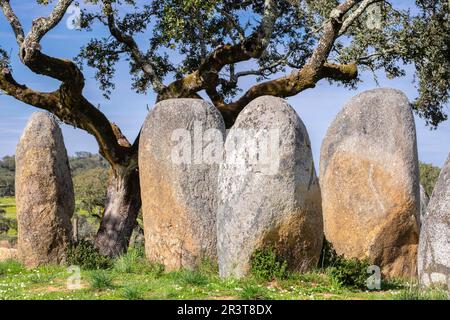 Cromlech Vale Maria do Meio, Nossa Senhora da Graça do Divor, Évora, Alentejo, Portugal. Stockfoto