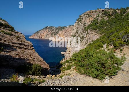 S'Aguila y Punta de Sa Creu, Municipio de San Juan de Labritja, Ibiza, Balearen, Spanien. Stockfoto