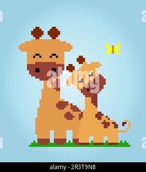 8-Bit-Pixel-Giraffe und ihr Kind. Tiere für Spielgüter und Kreuzstickermuster in Vektorbildern. Stock Vektor