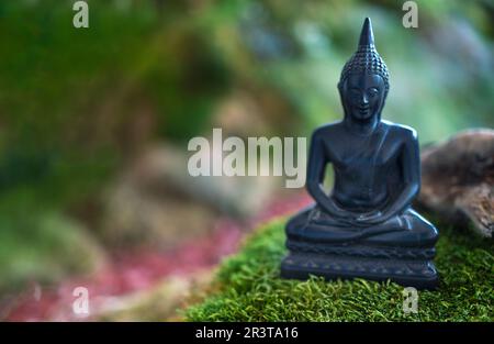 Schwarzer Stein Buddha Figur auf grünem Gras Natur Stockfoto