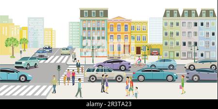 Urbane Silhouette einer Stadt mit Verkehr und Fußgängern, Illustration Stock Vektor