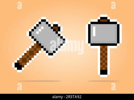 8-Bit-Pixel-Hammer. Eisenhammer für Spielelemente und Kreuzstich-Muster in Vektordarstellungen. Stock Vektor