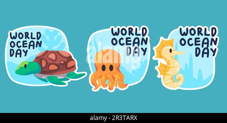 World Ocean Day Marine Animal Creatures Kampagne Save the Planet Water Object Set Sammlung Zeichnung Zeichnungsaufkleber Doodle Cartoon Style Stock Vektor