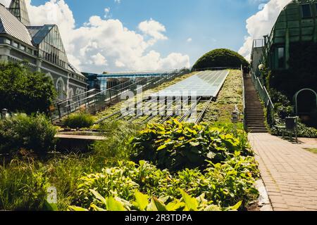 Botanischer Garten auf dem Dach der Bibliothek der Universität Warschau, moderne Architektur und Grünflächen. Nachhaltige Gebäudearchitektur futuristisches Biophilie-Design. Ökologisch grünes modernes Gebäude. Moderner Garten mit Pflanzen und Glasdächern, Reiseattraktion Stockfoto