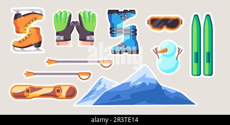 Schlittschuhlaufen Snowboardausrüstung Winter Ski Sport Cartoon Set Sticker Doodle Kollektion Paket Stock Vektor
