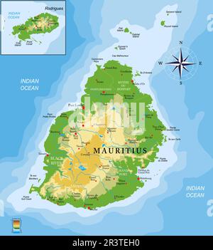 Sehr detaillierte physische Karte der Mauritius Inseln im Vektorformat, mit allen Reliefformen, Regionen und Großstädten. Stock Vektor