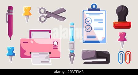 Office Objects Cartoon Set Sticker Doodle Collection Bundle aus Druckerpapier Stift Stempel Büroklammer Hefter Stock Vektor