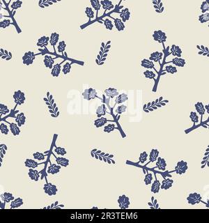 Schrulliges blaues Motiv des Waldbaums. Vektormuster. Nahtlose Dekoration des skurrilen botanischen Walddesigns für den hintergrund von scandi. Stock Vektor