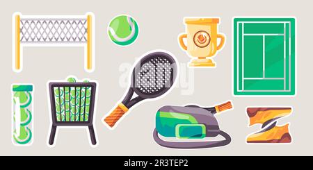 Tennis Spiel Ball Spielobjekt vom Schläger bis zum Feld Objekt Set Sammlung Zeichnung Zeichnungsaufkleber Zeichentrickstil Stock Vektor